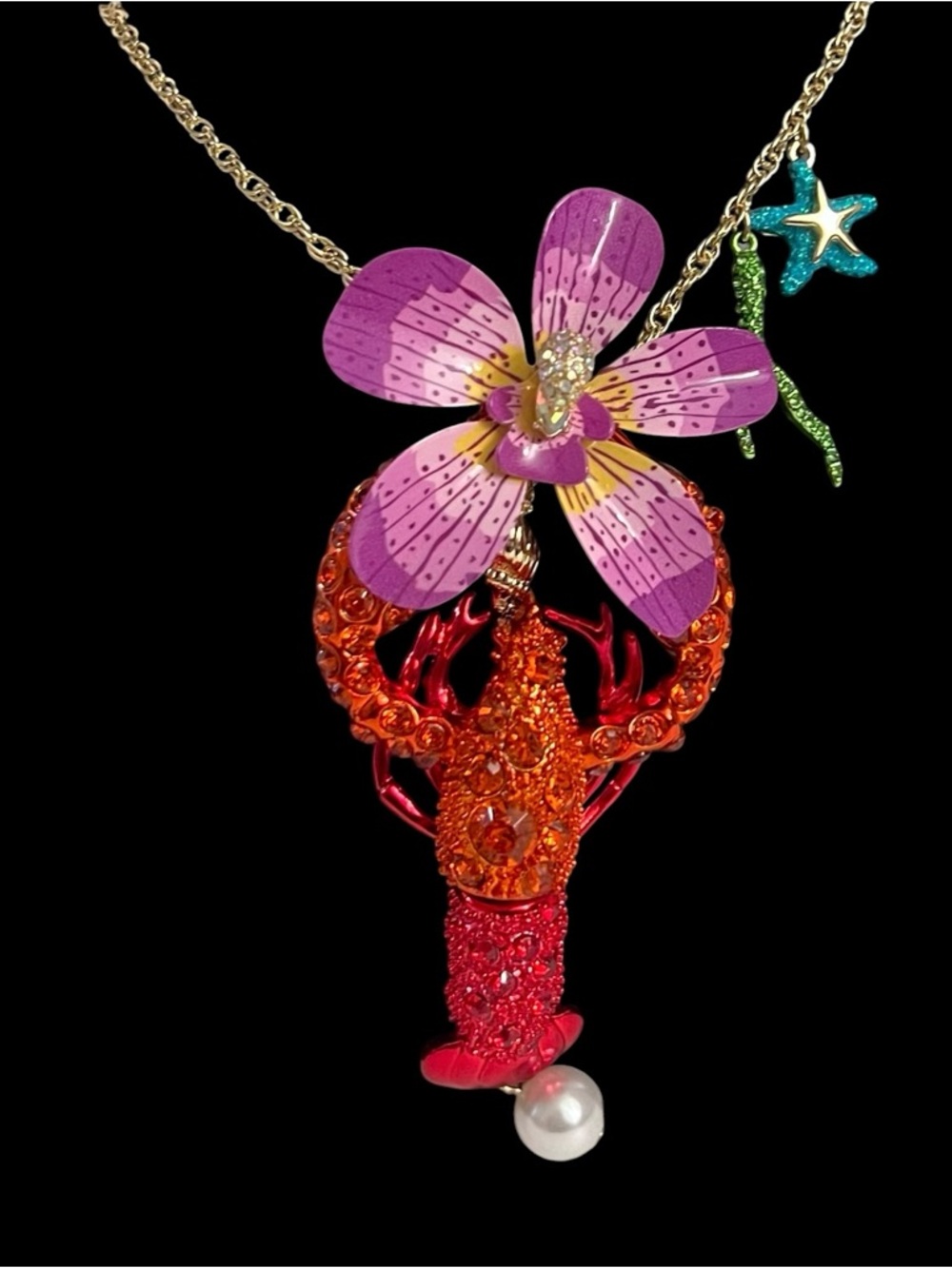 Betsey Johnson Purple, Pink & Orange Lobster Flower Pendant Necklace - Picture 3 of 16